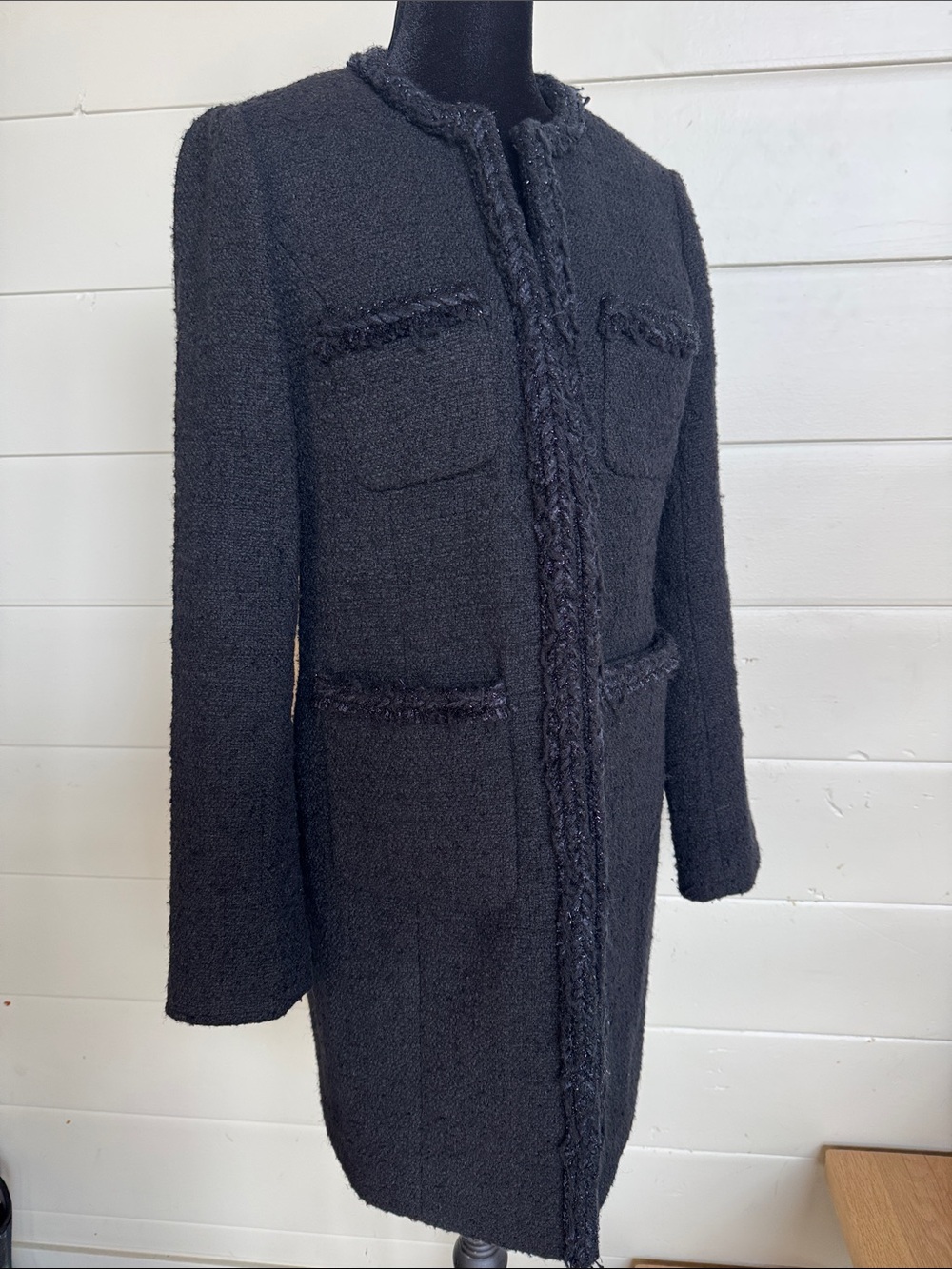 J.Crew Collection Black Bouclé Lady Coat Braided Fringe Trim Wool Blend Size 2 - Picture 1 of 15